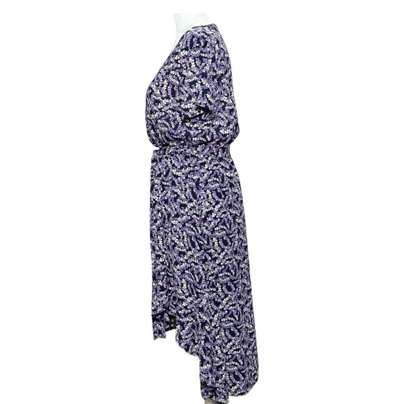 Floral Print High-Low Wrap Dress With Elastic Waist Short Sleeves Tie By Rokoko - Picture 4 of 11